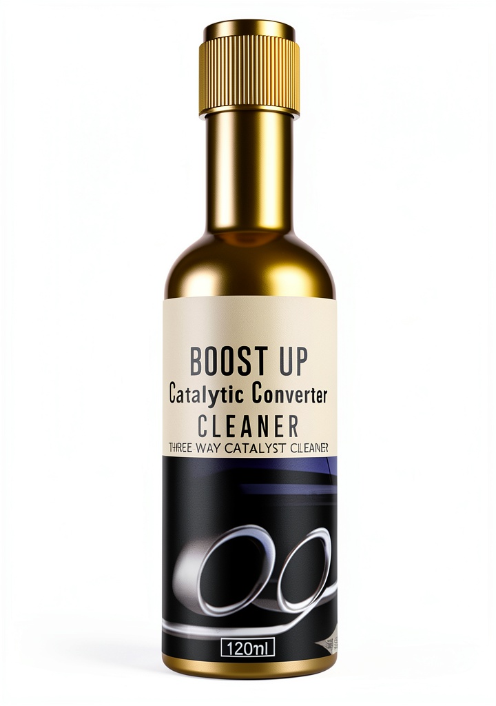 Hands pouring ZHENPIS Generic Catalytic Converter Cleaner into a fuel tank on a garage workbench
