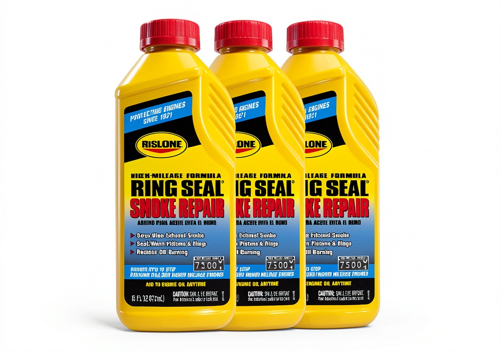 Installing Engine Oil Additive Rislone Ring Seal High Mileage on a wooden workbench