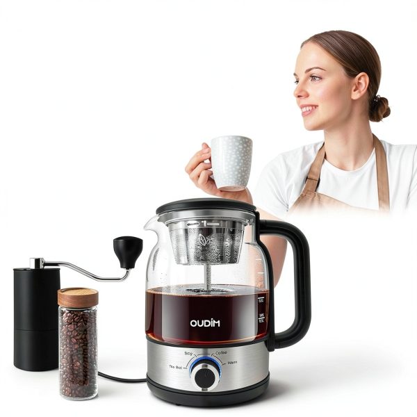 Drip Coffee Maker By Spraying Method, 1.2L Capacity, 600W Power, BPA-Free, Brewed Tea Pot Coffee Plunger, Glass Stainless Steel Tea And Coffee Brew Kettle, Electric Kettle Tea Pot,Keep warm-1